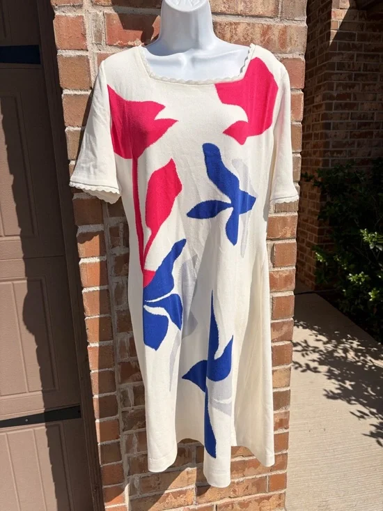 Ming Wang White Dress with Pink and Blue Floral Motif XL NWT - Picture 6 of 10